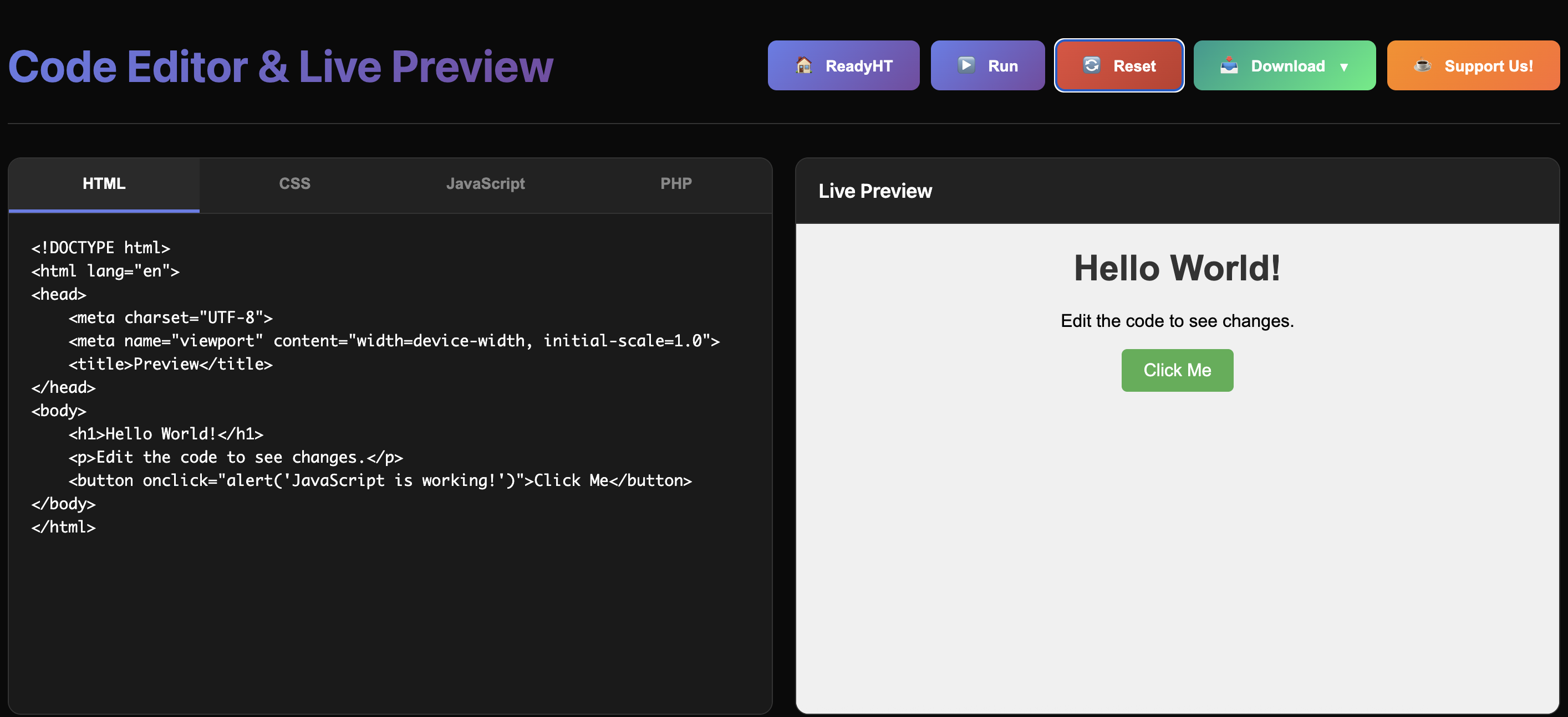 Code Editor & Live Preview Tool Interface