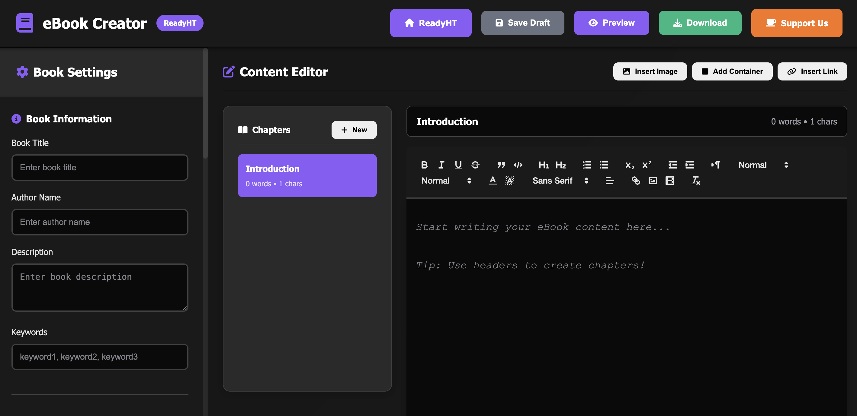 eBook Creator Tool Interface