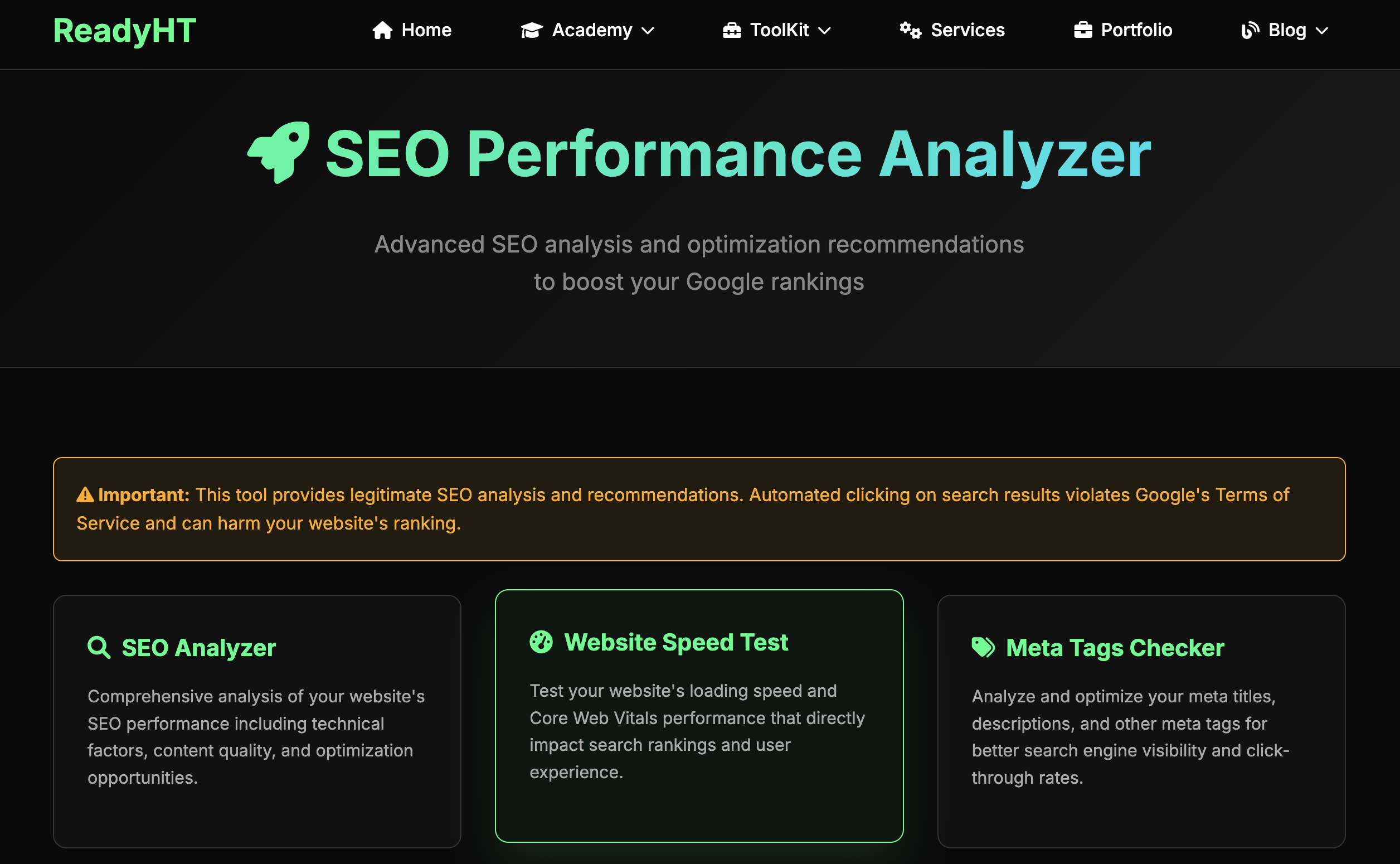 SEO Performance Analyzer Tool Interface